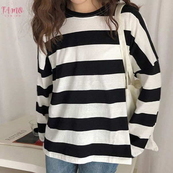 

plus size harajuku t shirt women striped print long sleeve t shirt korean style women clothes tshirt women camisas mujer 2020, White