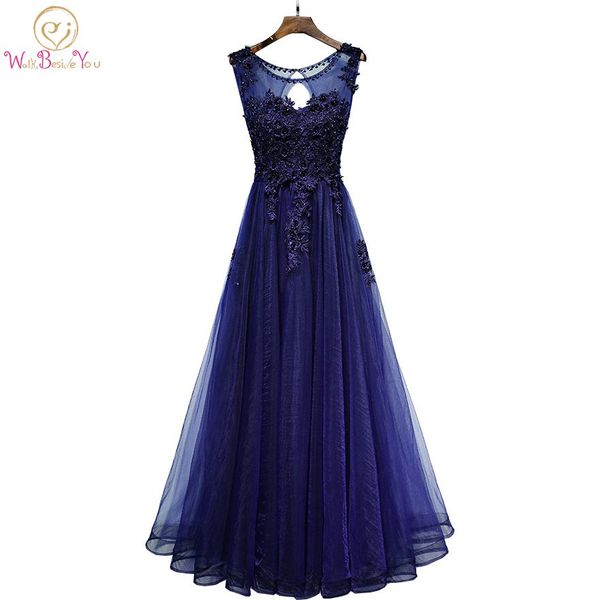 

walk beside you navy blue evening dresses vestido de gala largo lace applique beaded floral tulle prom gowns robe longue soiree, White;black