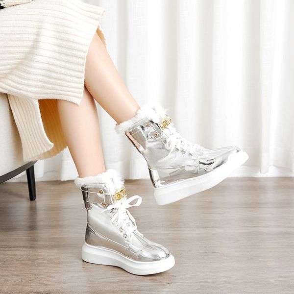 

women mid calf boots glitter plush platform patent leather snow boots women fashion metal buckle winter keep warm ladies shoes, Black