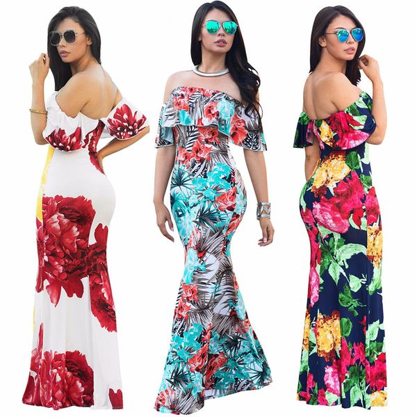 

женщины ruffle с плеча цветочные печати maxi boho малый свежий пляж платье, Black;gray