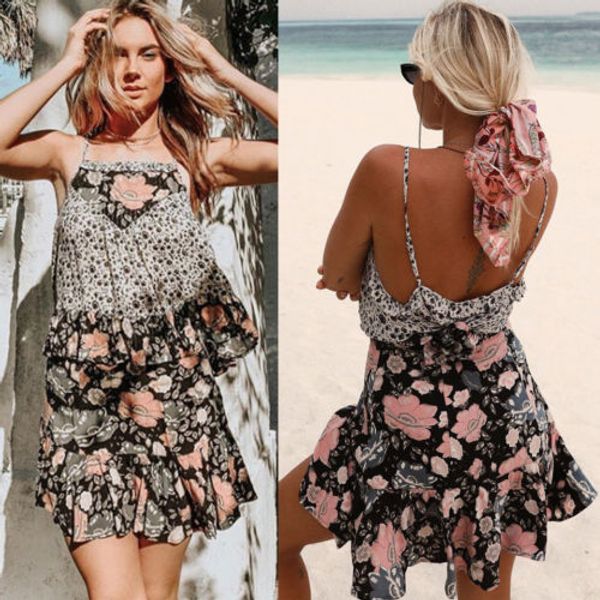 

rrtro bohemian women high waist floral printed short skirts summer holiday beach skirts sundress outwear, Black