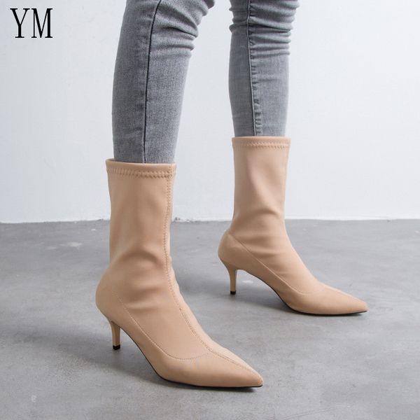 

chic women sock boots pointed toe elastic high slip on heel ankle pumps stiletto botas zapatos de mujer sock shoes high boots 39, Black