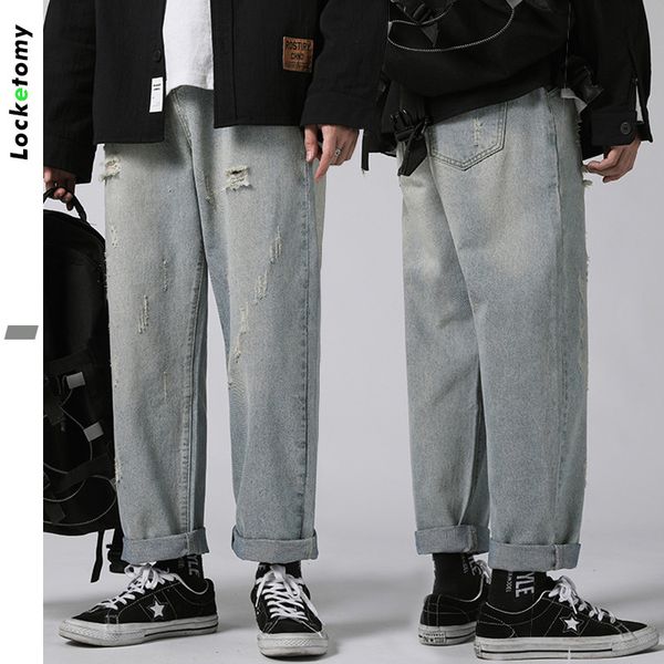 

men's jeans japanese street loose straight fashion brand vintage washed dad's irregular beggars' pants, Blue