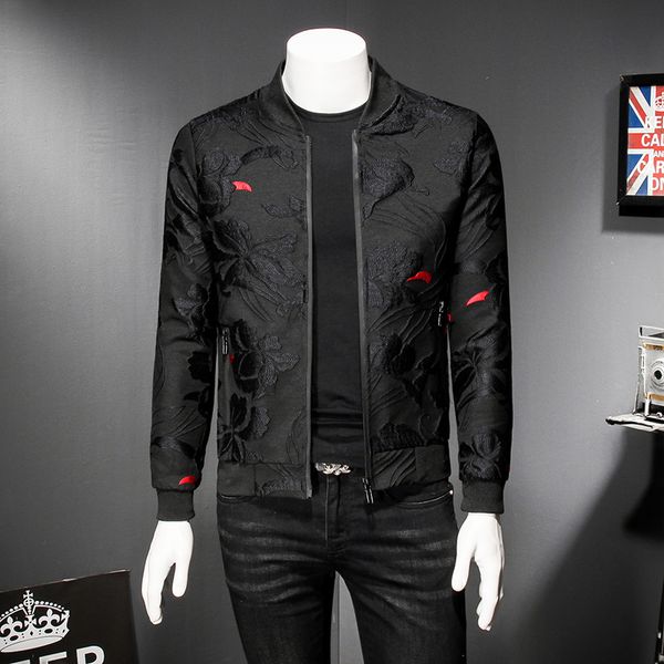 

embroidery jacquard black bomber jacket men spring autumn men casual jacket coat flower slim fit pattern bomber 5xl, Black;brown