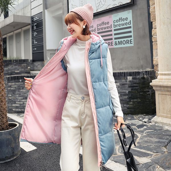 

2019 new brand winter women's jacket windproof warm long cotton waistcoat casual sleeveless hooded femme coat veste gold velvet, Black;white