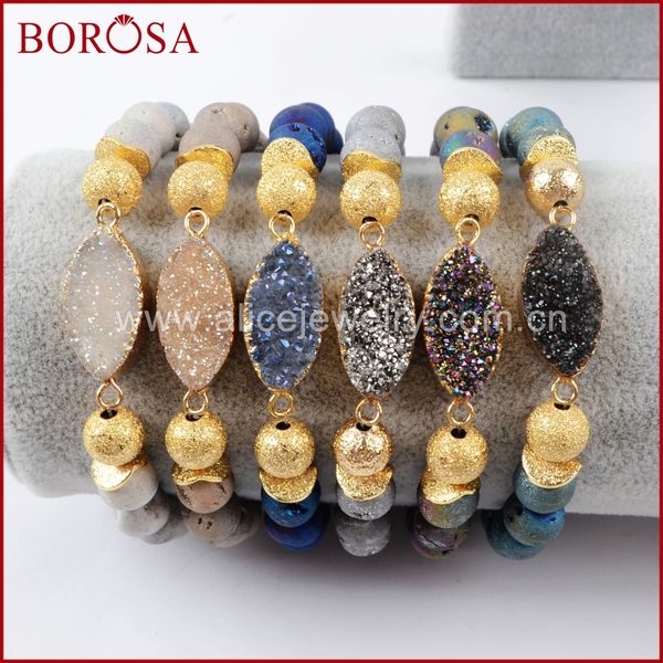 

borosa 5pcs handcrafted druzy bracelets for women, gold color marquise & 8mm rainbow titanium druzy stone beads bracelet g1376, Black