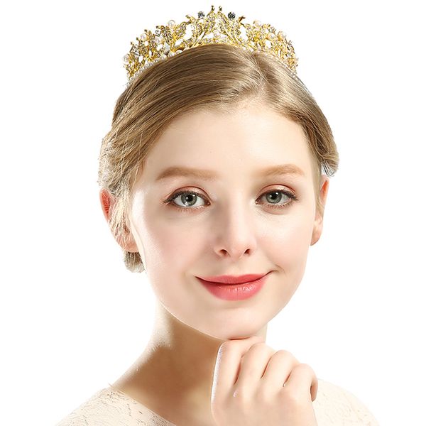 

trendy pearl queen silver gold crown rhinestone bridal wedding tiara crowns head jewelry wedding hair accessories ornaments gift, Golden;white