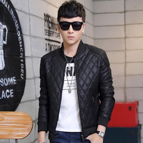 

2019 тонкий pu стенд воротник локомотив плед мужская кожаная куртка толстое пальто, Black