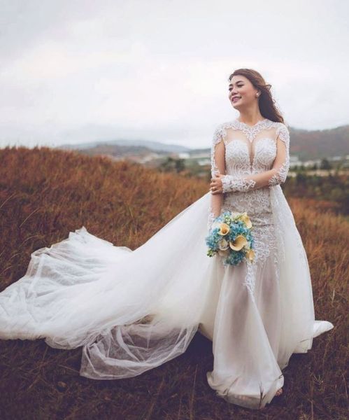 

2 шт. верхняя юбка свадебные платья с длинными рукавами кружева бисероплетение съемные свадебные платья русалка сексуальная съемная плюс раз, White