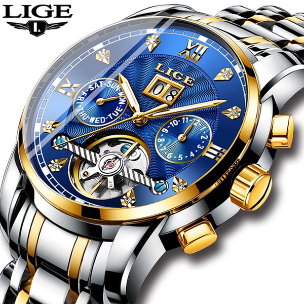 

relogio masculino lige mens watches automatic mechanical watch men full steel business waterproof sport watches, Slivery;brown