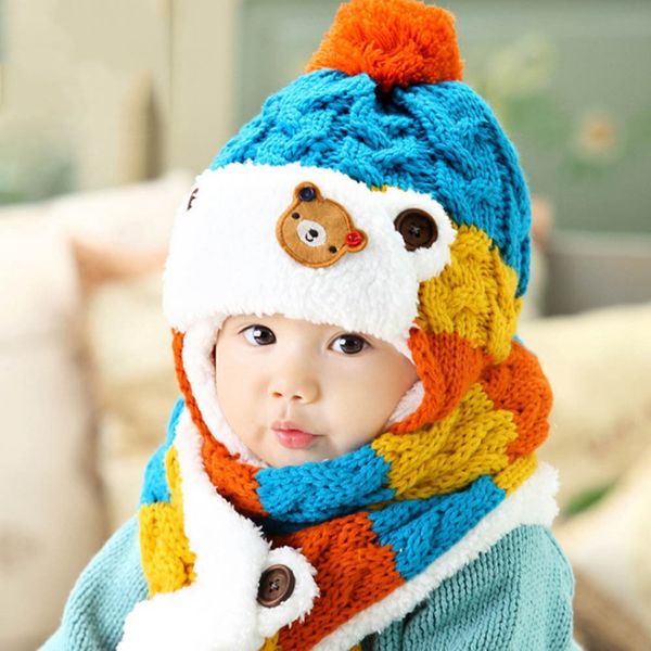 

2pcs/set winter baby knitted earflap hat and scarf set casual kids outdoor travel warm beanies knitted caps hats for girl boy, Yellow