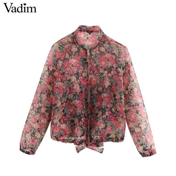 

vadim women elegant organza floral print coat transparent bow tie zipper fly pockets jacket female outwear stylish ca520, Black;brown