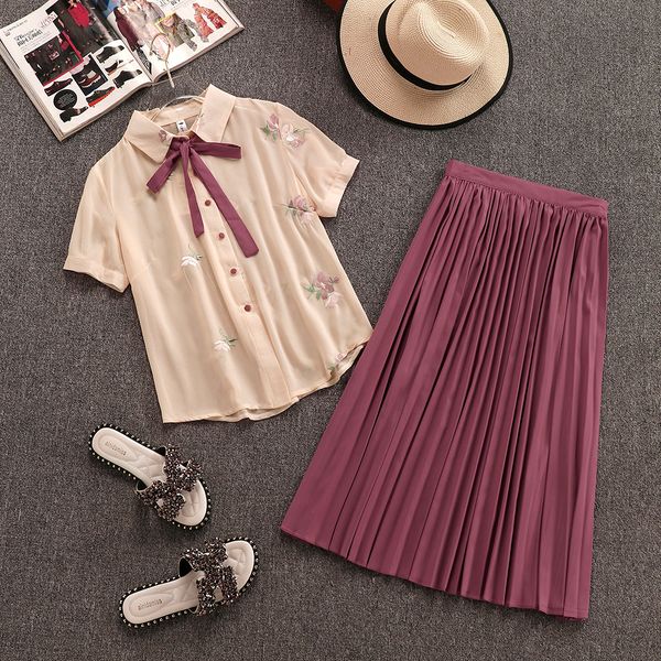 

women summer gorgeous flower embroidery bow chiffon shirt blouse + mid calf skirts ladies short sleeve pleated skirts suits, White