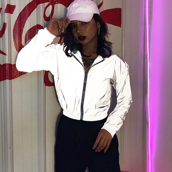 

2020street fluorescent reflective hooded coat for women chunqiu new thick elastic wrinkled short trendy baseball jacket, White