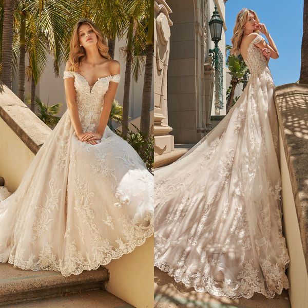 

off shoulder wedding dresses beads lace appliques short sleeve bridal gowns backless summer sweep train wedding dress, White