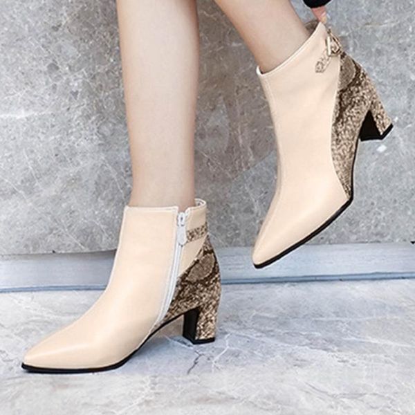 

spring autumn women boots fashion med heel comfortable snake pattern ankle boots for ladies pointed toe shoes, Black
