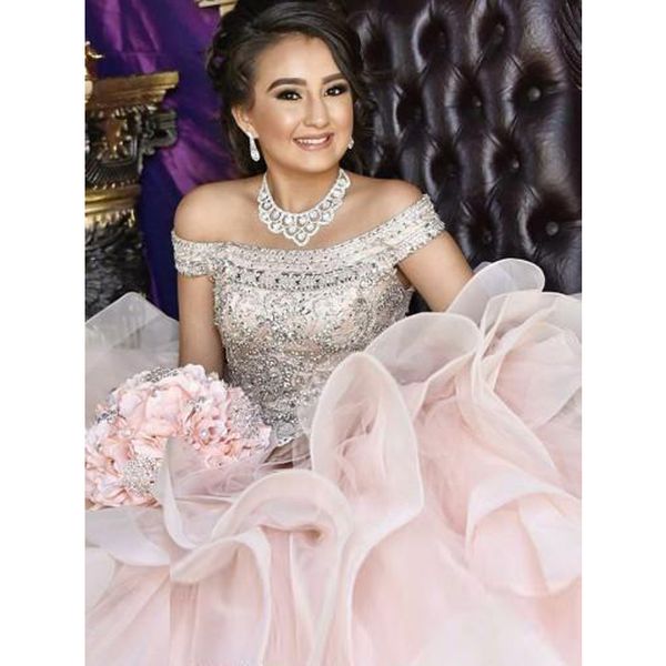

modest fairy off-the-shoulder pink tulle quinceanera prom dress with beading ball gown ruffles sleeveless evening dress, Blue;red
