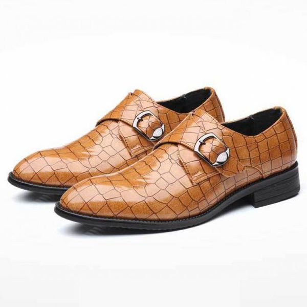 

38~48 large sizes crocodile men monk strap suit shoes slip on formal wedding shoe pointed toe mens dress shoes leather loafers, Black