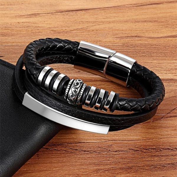

black / brown color men's geometric irregular graphic stainless steel leather bracelet, Golden;silver
