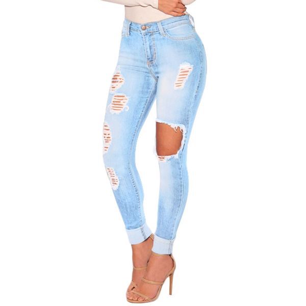 

new 2018 women hole denim jeans skinny ripped torn pants high waist stretch jeans slim pencil trousers plus size feminino, Blue