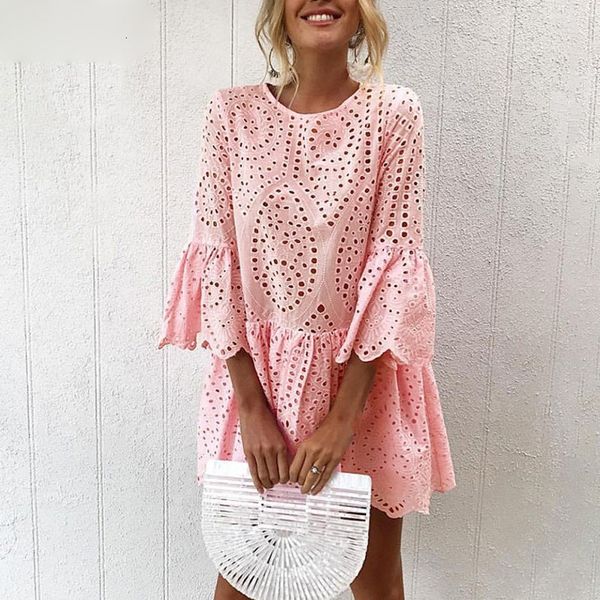 

womens clothing summer dresses elegant crochet lace dress women 2019 summer 3 4 sleeve casual tunic dress beach loose short dress, Black;gray