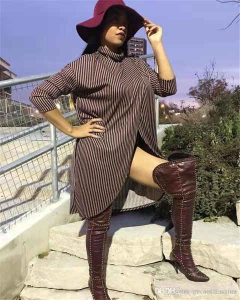 

осень женщин конструктора нерегулярное платье полосатый печатных дамы сыпучие платья sexy шеи экипажа браун с длинным рукавом платье, Black;gray