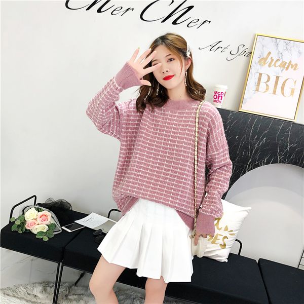 

new arrivals knitted sweater female o neck full sleeve striped loose causal knitwear woman, White;black