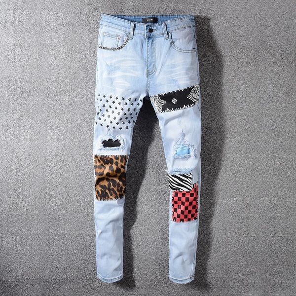 

unique mens light blue hole skinny jeans stretch designer ripped slim fit motorcycle biker patchwork beggar hip hop denim pants 594