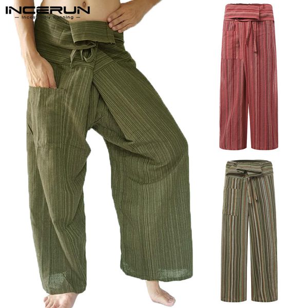 

incerun men wide legs striped pants new thai fisherman pants ethnic boho male baggy loose drawstring bottom plus size 5xl, Black