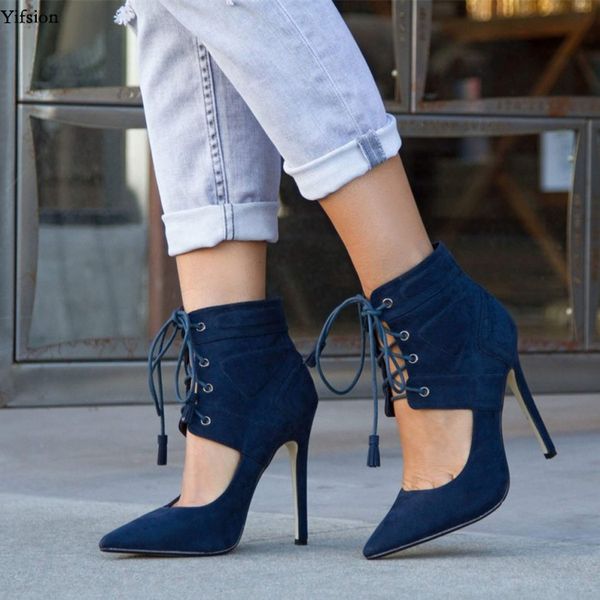 

yifsion new arrival women pumps stiletto heels pumps cross-tied pointed toe elegant blue party shoes women plus us size 5-15, Black
