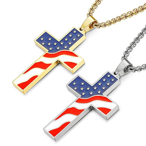 

american flag necklace with cross pendant enamel usa flag stainless steel patriotic christian jewelry men gold silver 70cm chain