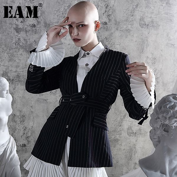 

eam] loose fit pleated striped bandage button jacket new v-neck long flare sleeve women coat fashion autumn winter 2019 jz326, Black;brown