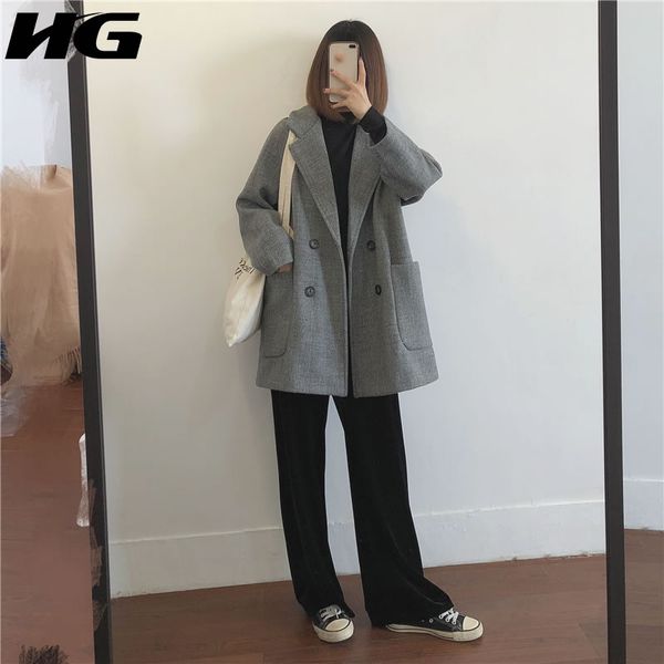 

hg] double breasted women 2018 winter korea fashion turn-down collar full sleeve coat female solid color long blend wbb1132, Black