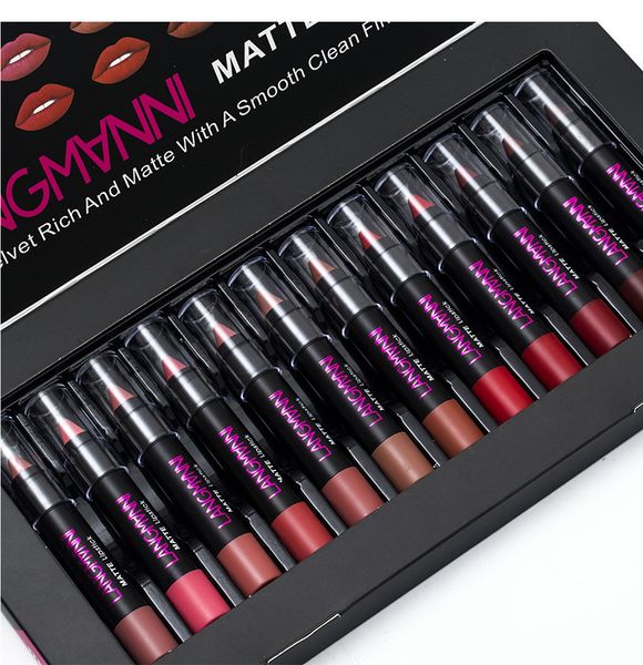 

maquiage 12pcs/lot matte lipstick waterproof long-lasting velvet lipstick set red tint nude batom makeup set brand langmanni