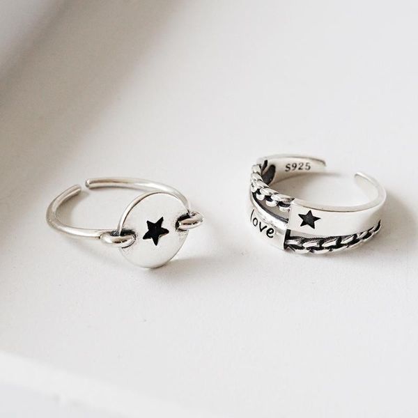 

925 sterling silver ring female hipster personality smooth old pentagram chain opening ring student korean jewelry, Golden;silver