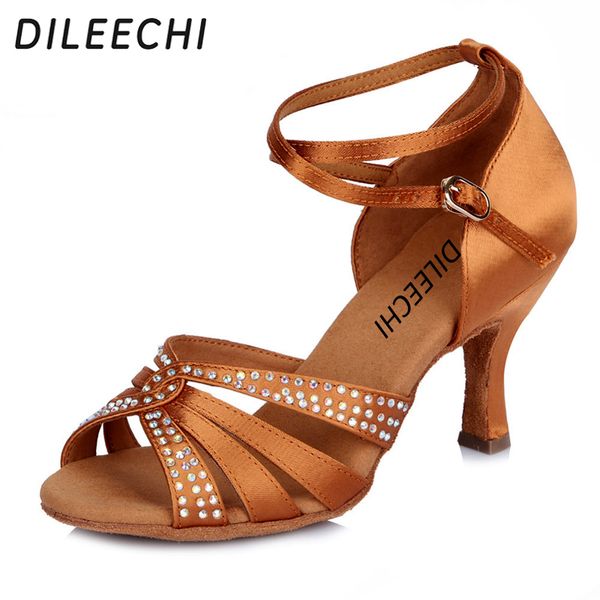 

dileechi women's satin latin dance shoes rhinestone dance shoes salsa party tango ballroom dancing girls ladies heel 75mm