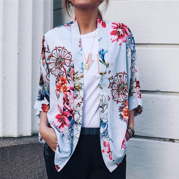 

summer streetwear cardigan women's blouse 2019 new fashion casual three quarter chiffon blouse floral print loose female shirt, White