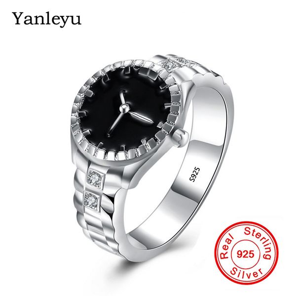 

yanleyu new fashion watch style ring for men and women real 925 sterling silver finger ring black enamel jewelry pr362, Golden;silver