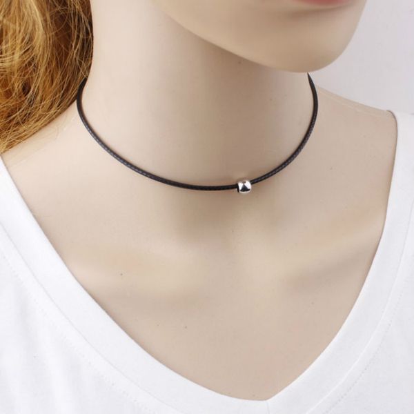 

2017 simple fashion chocker necklace thin black leather rope necklaces with silver/gold metal beads short necklace women, Golden;silver