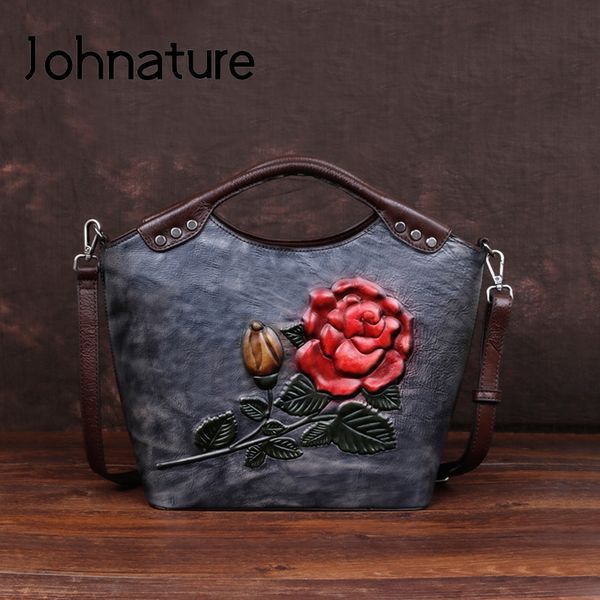 

johnature retro women shoulder & crossbody bags bucket bag 2019 new genuine leather rose embossed leisure handbags
