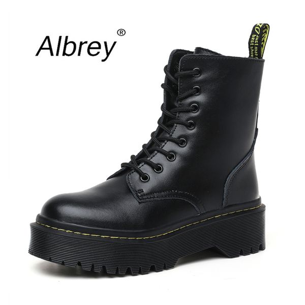 

2020new flat punk platform boots women shoes autumn winter fur fashion round toe lace-up genuine leather boots ladies shoes, Black