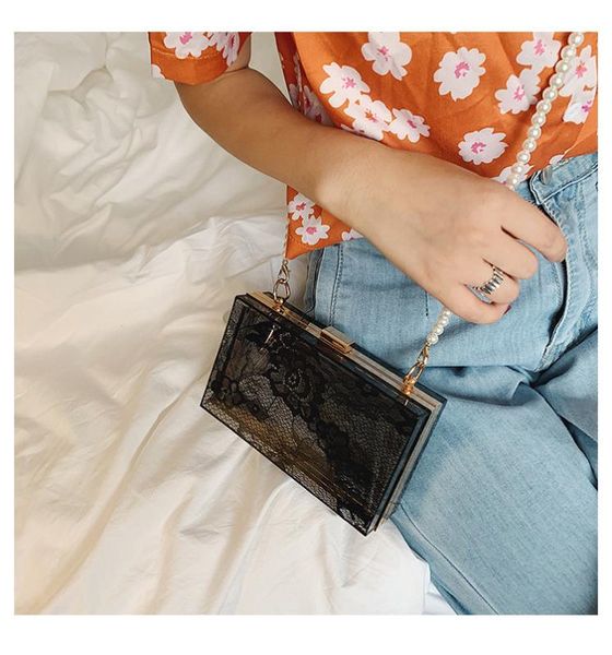 

vrouwen кант акрил materiaal duidelijke зака ​​даг koppelingen transparante crossbody кошелек avondtasje pearl ремень выдалбливают черный