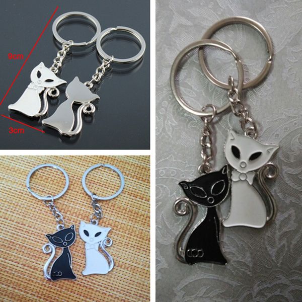 

2pcs cat keychain for couple lovers alloy enamel jewelry ring for car key chain valentine's day gift