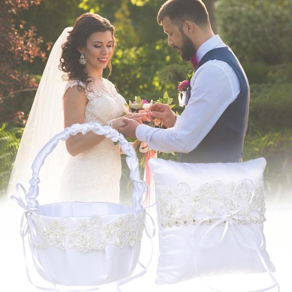 

wedding party supplies girl flower basket ring pillow white lace elegant ring holder for bride groom keepsake gift decor boxes