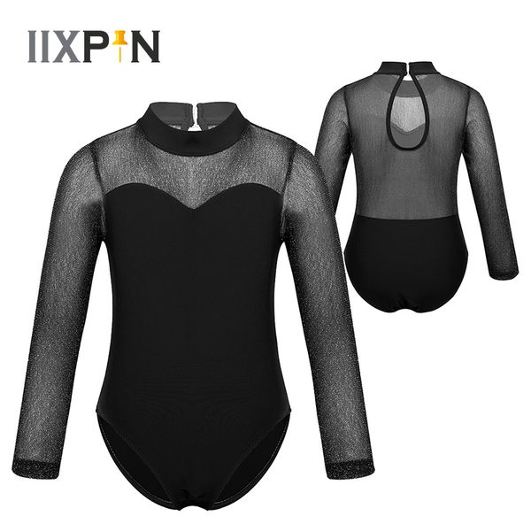 

gymnastics leotard for girls kids ballet dance costume shiny tulle long sleeves mock neck sweetheart chest keyhole back jumpsuit, Black;red