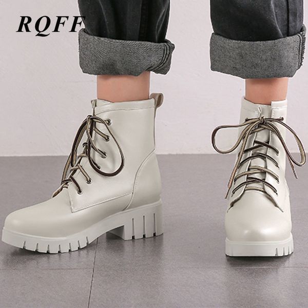 

black white green pink gold autumn ankle boots women plus big size 10 fashion platform block med heel shoes woman lace up solid
