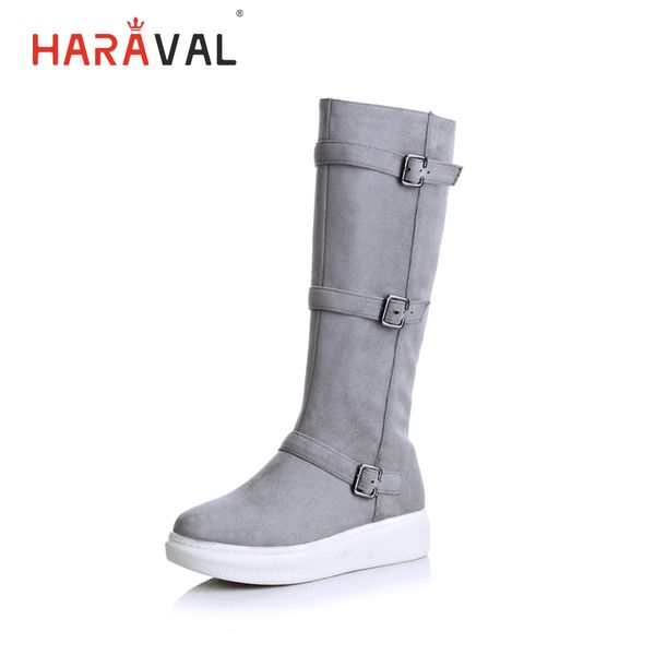 

haraval handmade winter woman long boots luxury flock round toe soft heel shoes elegant casual warm retro buckle solid boots 289, Black