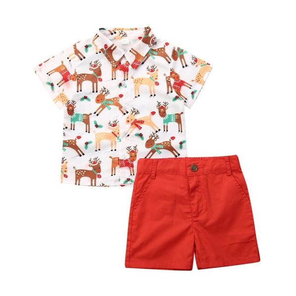 

xmas clothes for baby boy short sleeve lapel shirt reindeer printed shirt + red short pants kids christmas outfit, White