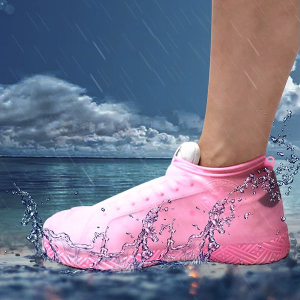 

solid durable shoe cover hiking outdoor non slip rain boots protector washable silicone reusable portable thicken waterproof, White;pink