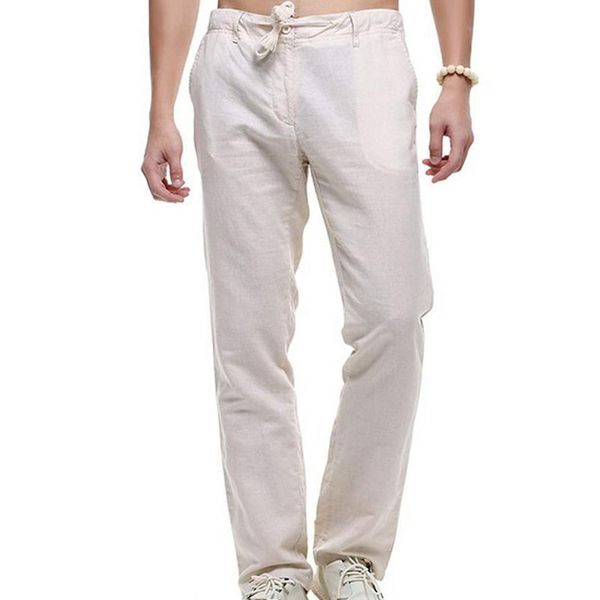 

new men's summer thin casual pants breathable elastic waist straight pants men's natural cotton linen loose trousers, Black